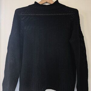 Artisanal Black Hand Knit Open Weave Mock Neck Sweater Cozycore Whimsigoth Hygge